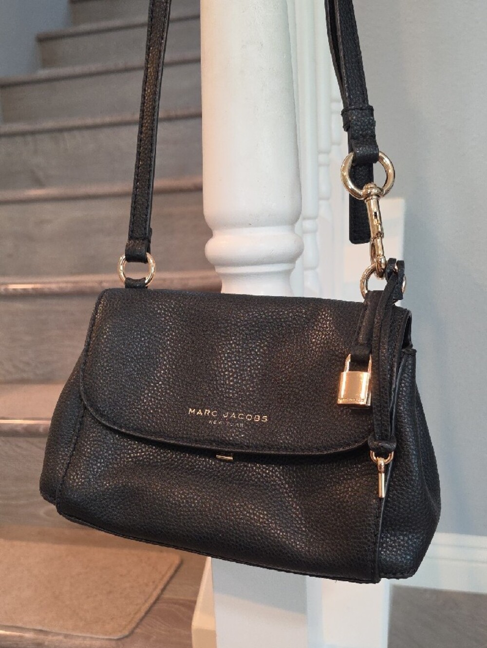 Marc Jacobs Black Pebbled Leather Flap Crossbody with Gold Hardware